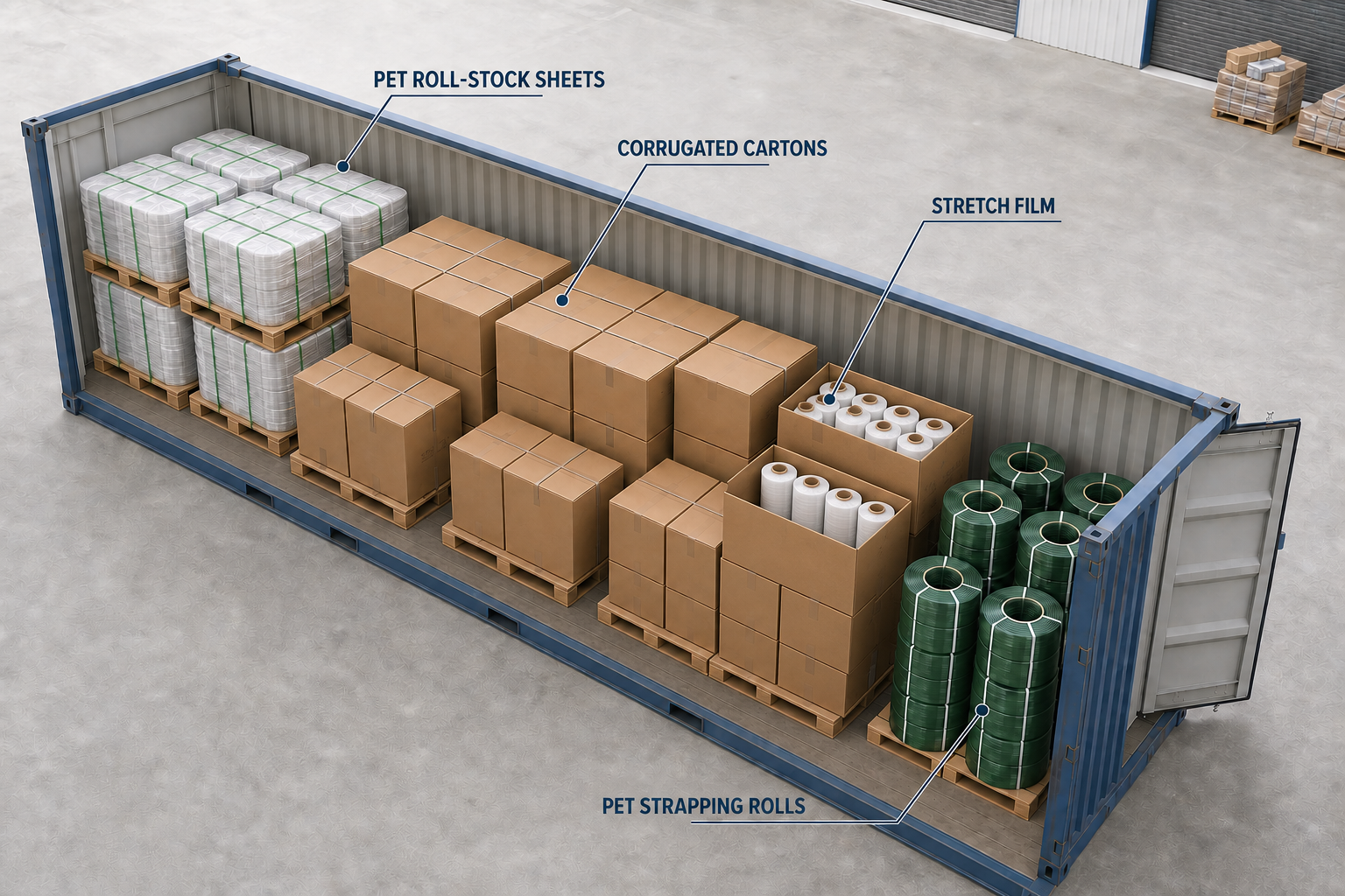 Integrated mixed container solution with PET roll-stock sheets, cartons, stretch film and PET strapping rolls